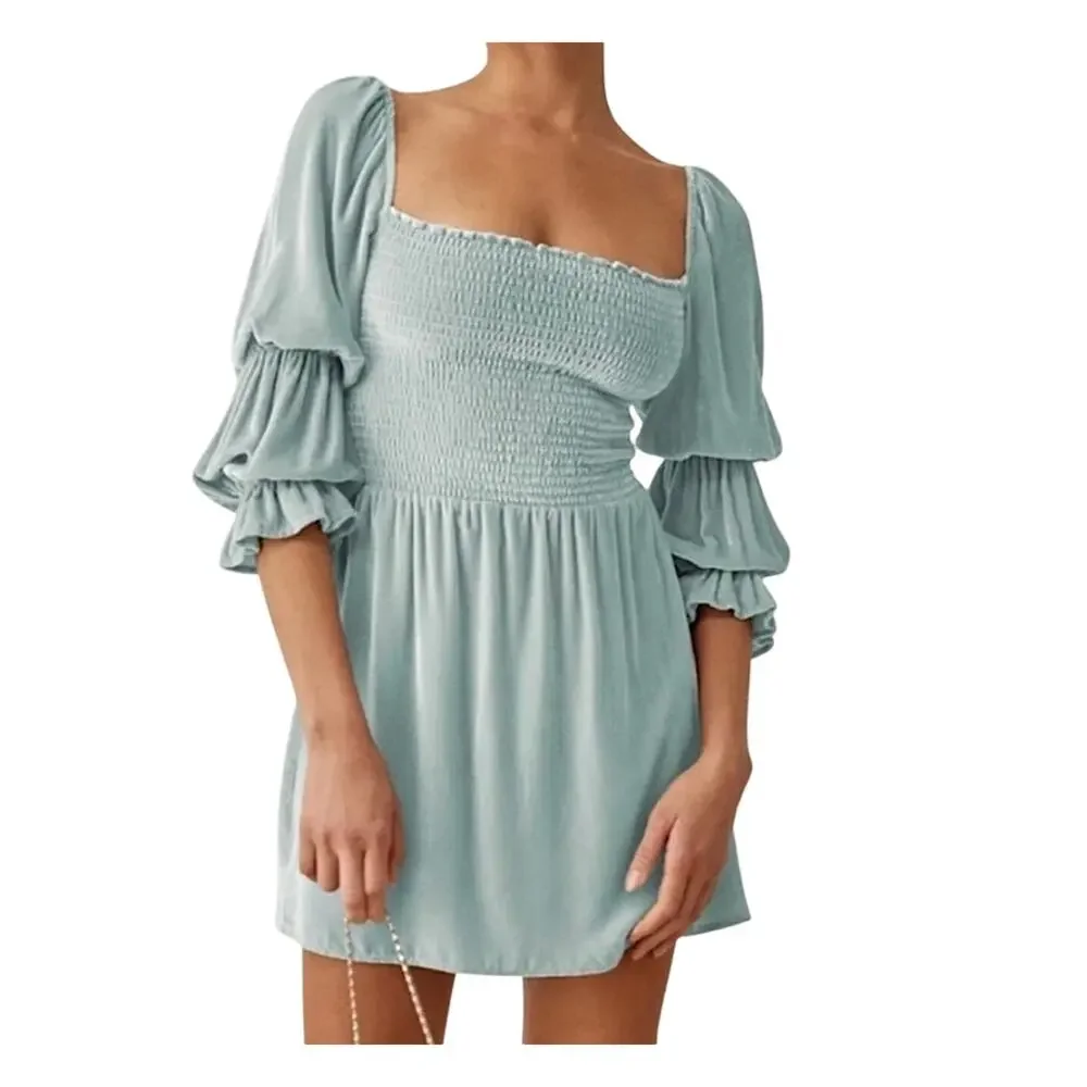 NEW Reformation Albi Long Sleeve Velvet Mini Dress in Turquoise Size XS - Picture 11 of 11